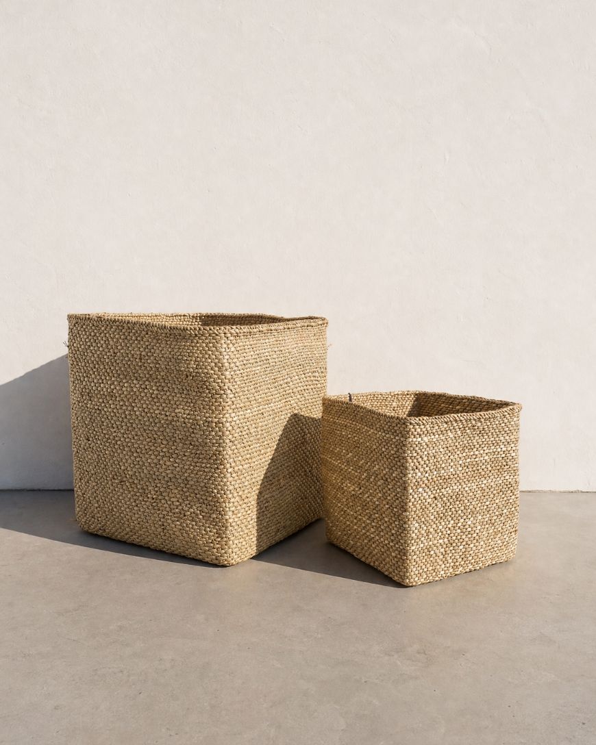 Handwoven square Iringa storage basket in natural milulu grass