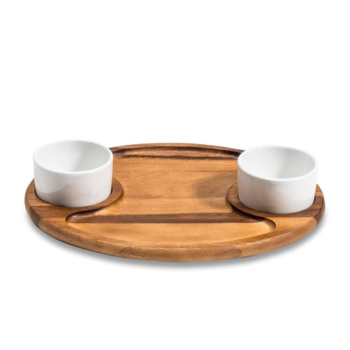Acacia Charcuterie Serving Tray with 2 Ceramic Bowls & Lids – 15x12" | ESVILA