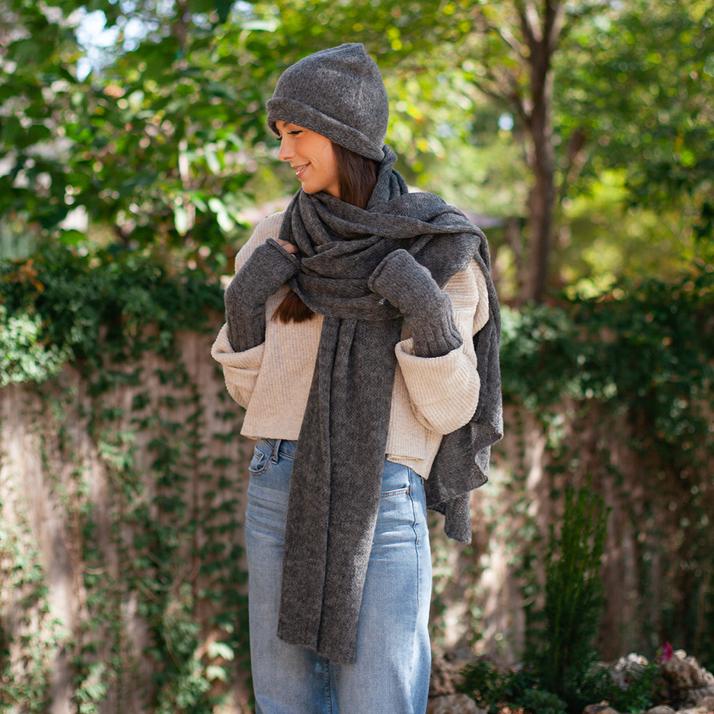 Coal handwoven knit alpaca scarf 79x26 inches