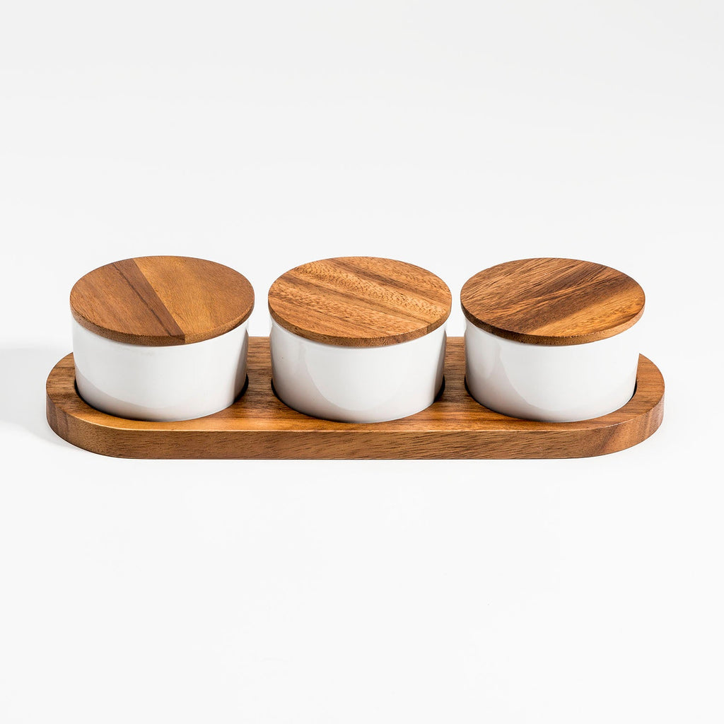 Ceramic Condiment Set with Acacia Wood Base – 3 Bowls with Lids, 13" | ESVILA