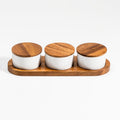 Ceramic Condiment Set with Acacia Wood Base – 3 Bowls with Lids, 13" | ESVILA