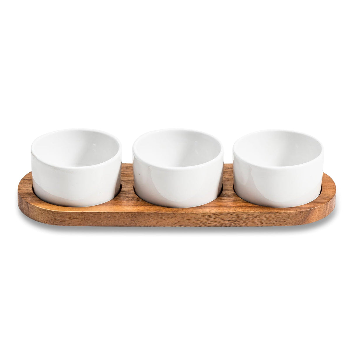 Ceramic Condiment Set with Acacia Wood Base – 3 Bowls with Lids, 13" | ESVILA