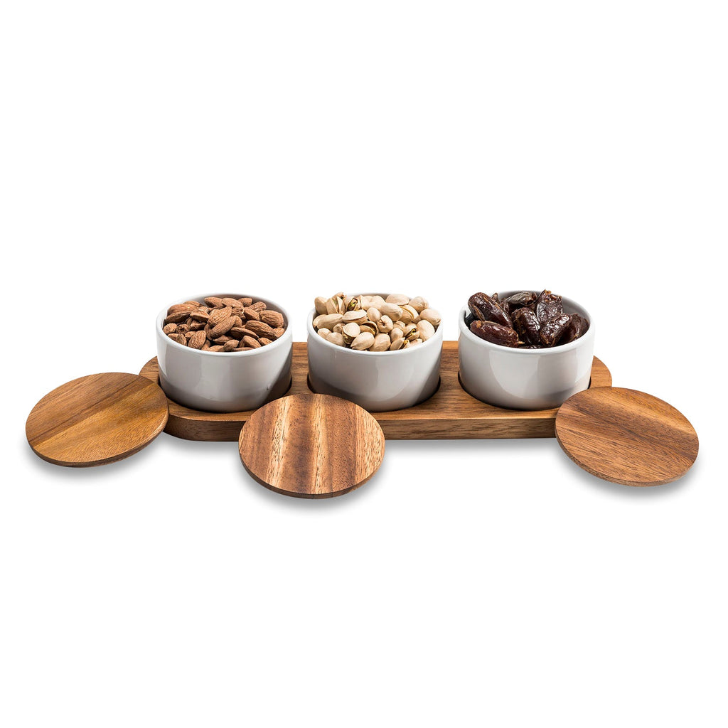 Ceramic Condiment Set with Acacia Wood Base – 3 Bowls with Lids, 13" | ESVILA