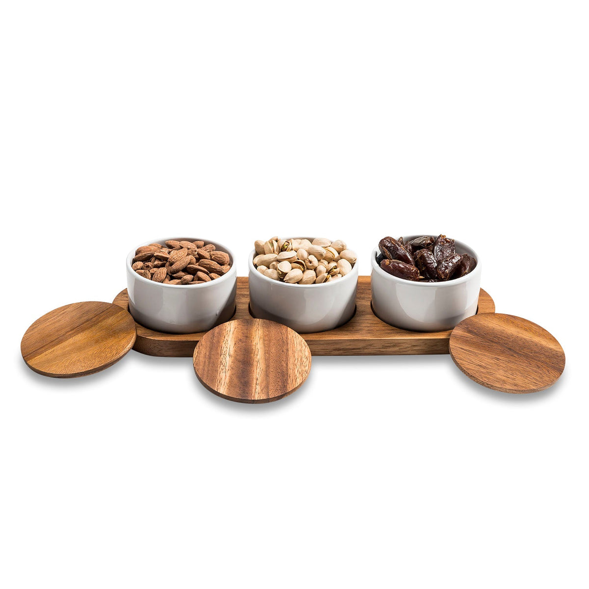 Ceramic Condiment Set with Acacia Wood Base – 3 Bowls with Lids, 13" | ESVILA