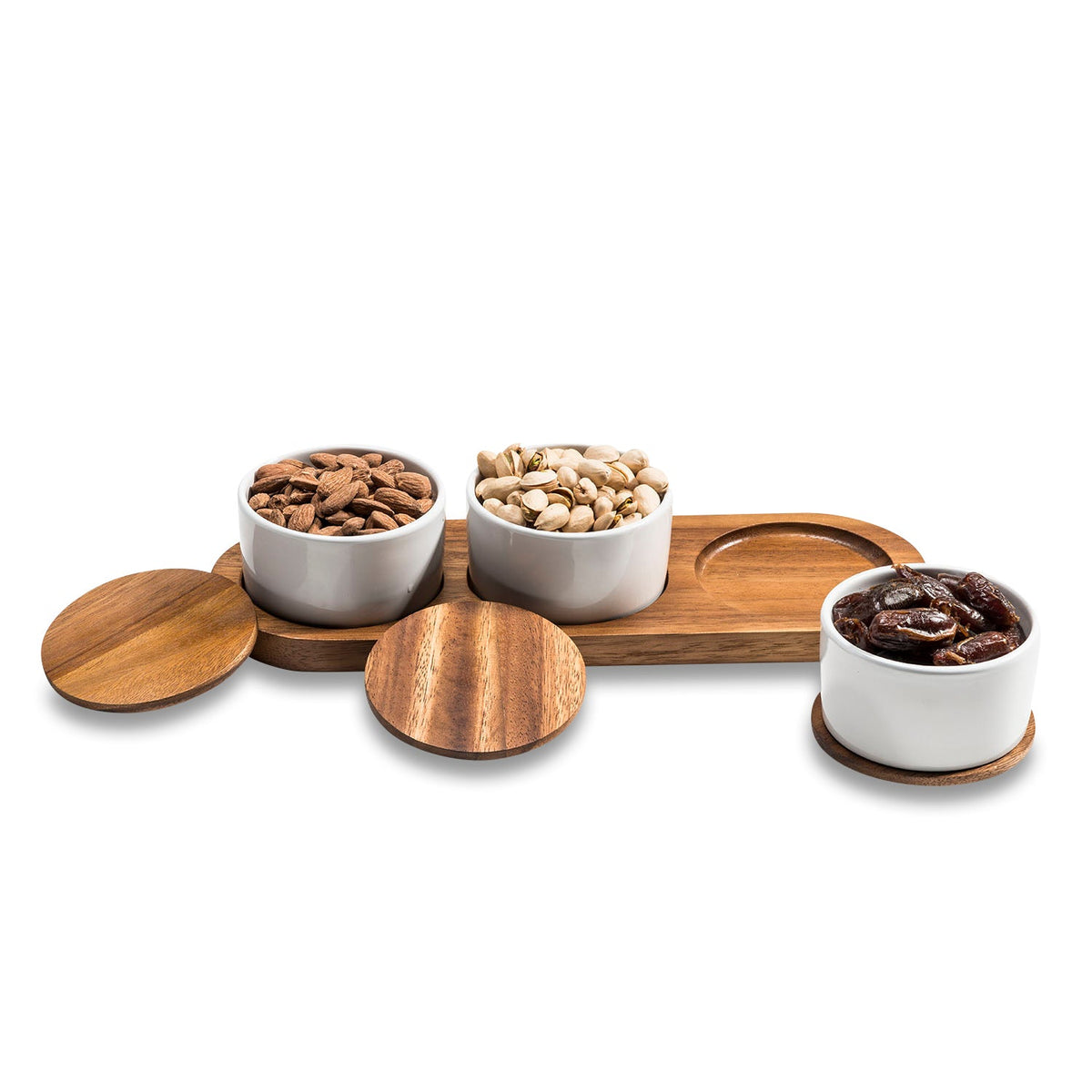 Ceramic Condiment Set with Acacia Wood Base – 3 Bowls with Lids, 13" | ESVILA