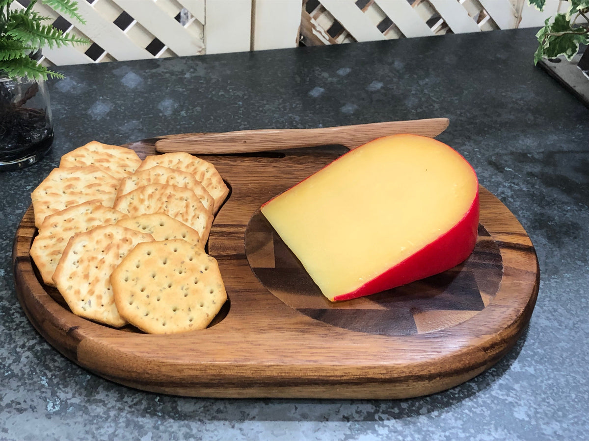 End grain acacia cheese board with knife groove