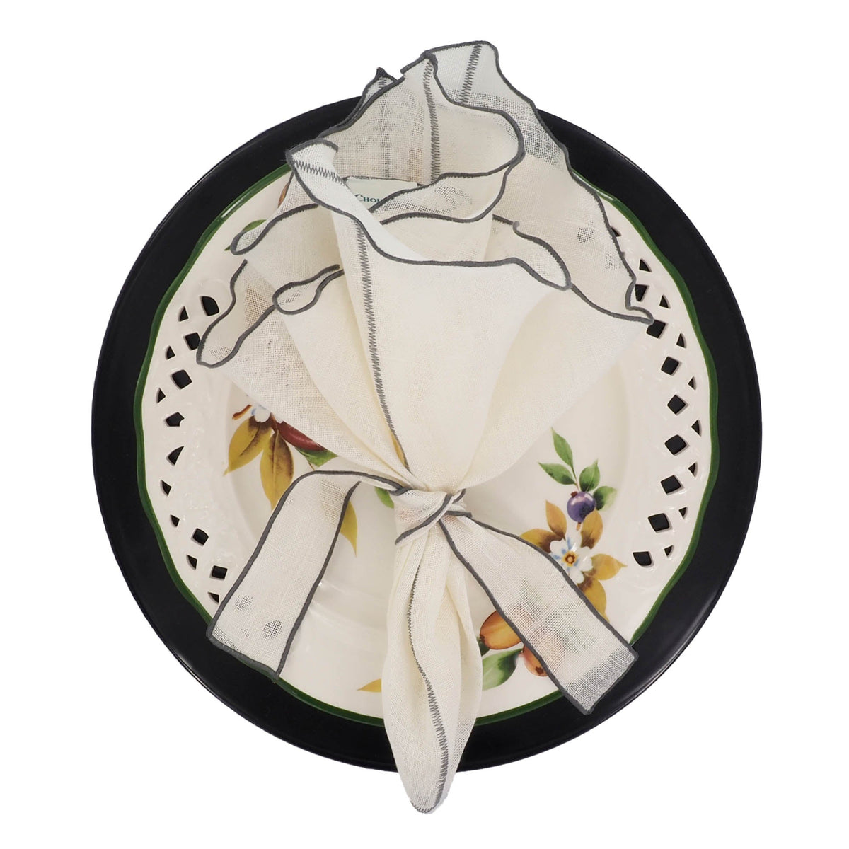 Milano Linen Napkins With Charcoal Ruffled Edges, Set of 4 | ESVILA