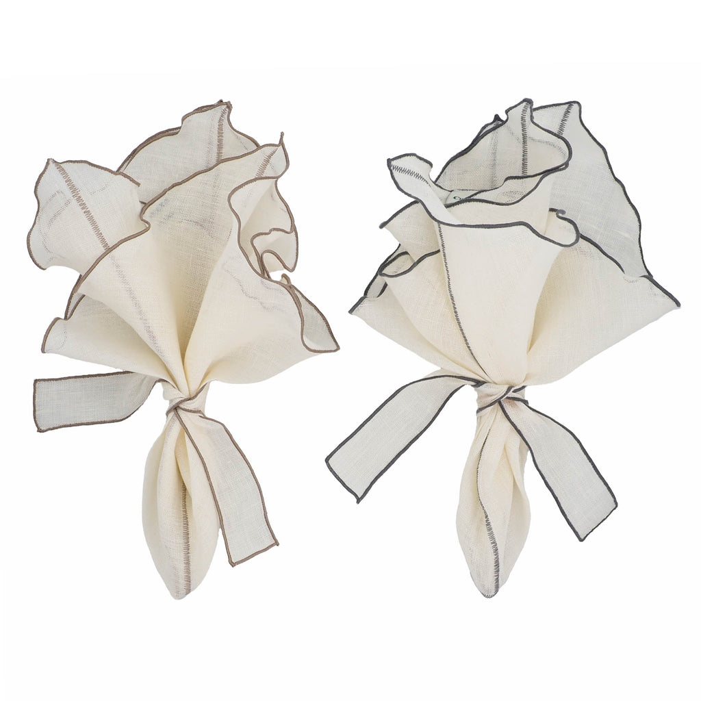 Milano Linen Napkins With Charcoal Ruffled Edges, Set of 4 | ESVILA