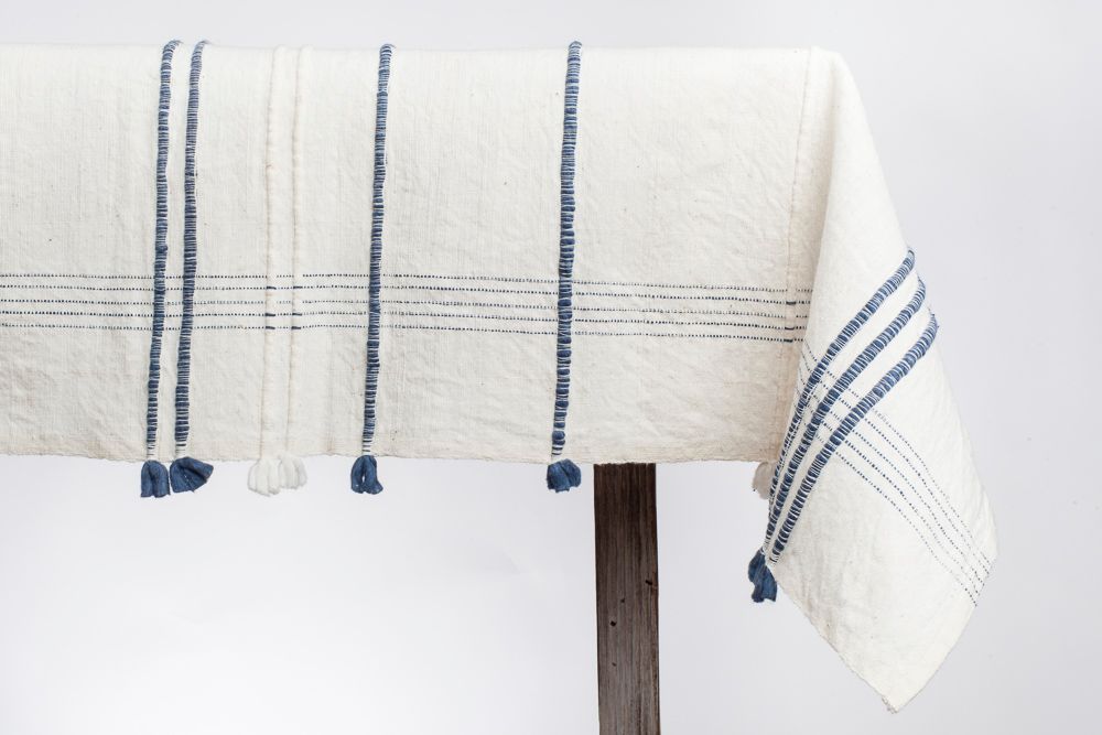 Ribbons handwoven cotton tablecloth 96x54 inches