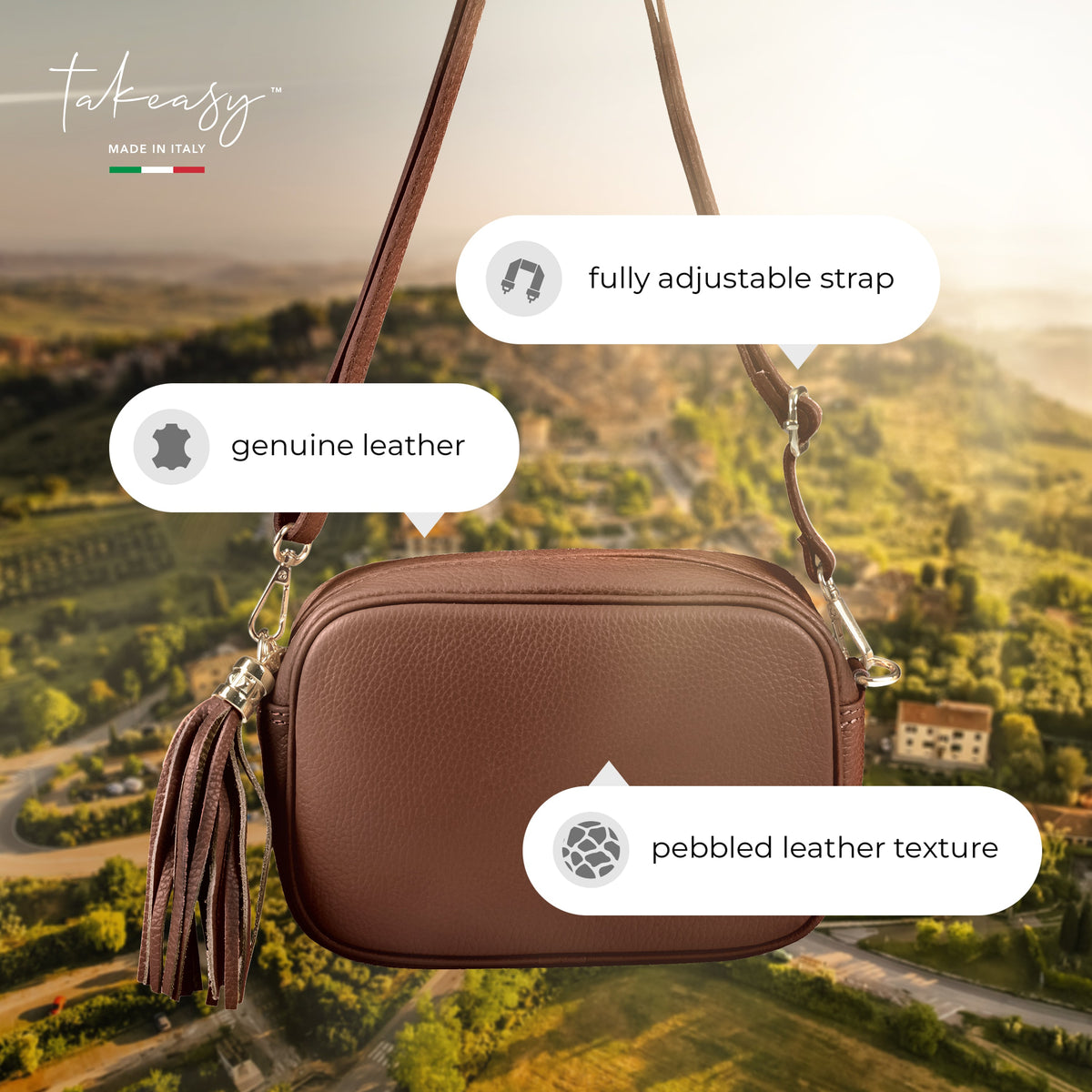 Italian full-grain leather crossbody bag Parma in brown