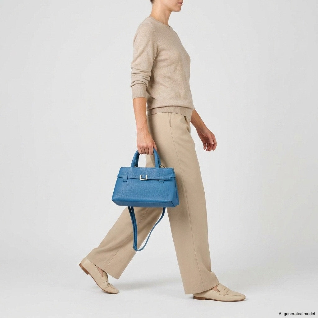 Italian full-grain leather top-handle bag Cervia in denim