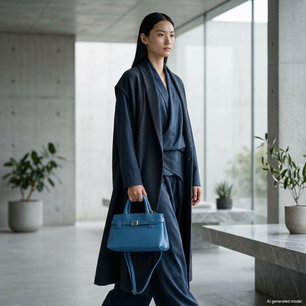 Italian full-grain leather top-handle bag Cervia in denim